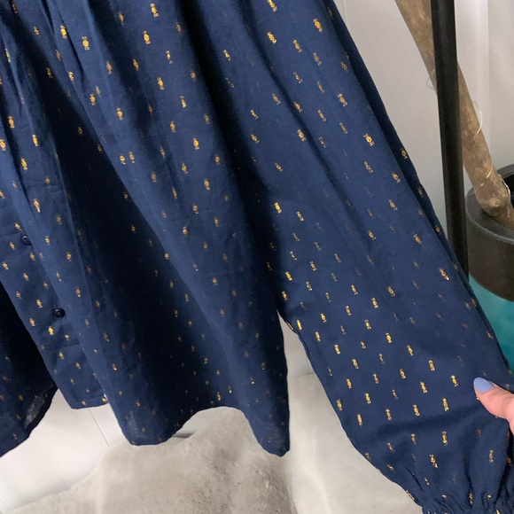 Emerson Fry India Collection Emmaline Top Blue Gold Metallic Blouse Maritime Dot - Picture 10 of 16